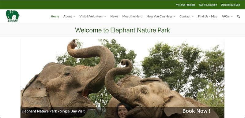 Homepage van het Elephant Nature Park, Chiang Mai