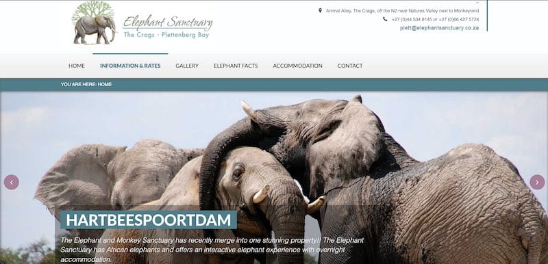 Homepage van het olifantenopvangcentrum, Plettenberg Bay