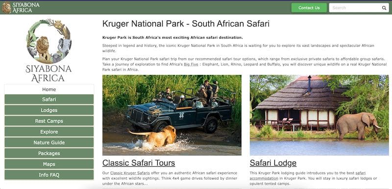 Hemsidan för Kruger nationalpark, Sydafrika