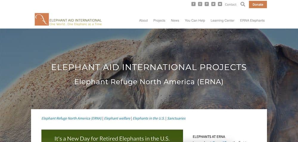 Website van Elephant Refugee North America (ERNA), Georgië