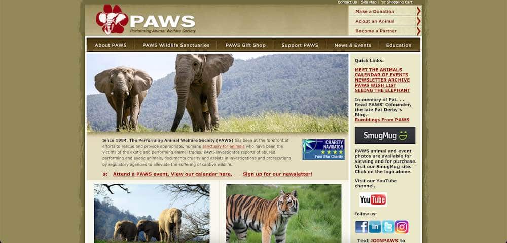 Webbplats för The Performing Animal Welfare Society (PAWS) i norra Kalifornien