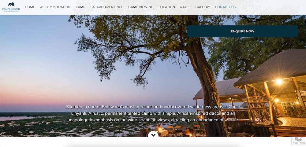 Página web del Campamento Linyanti, situado en la Reserva Natural de Linyanti, Botsuana
