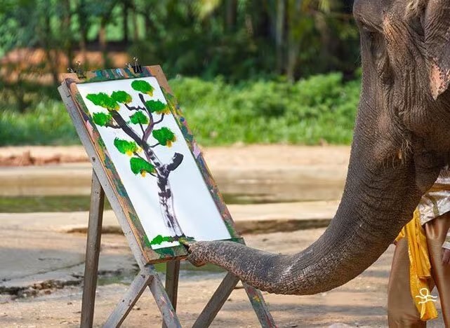 Een olifant die een boom schildert. Beeldbron: Etsy.