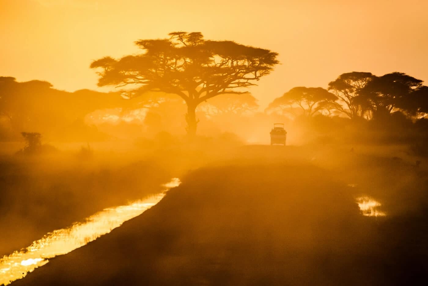 Jeep going down a dirt road in the sunset in Tanzania.