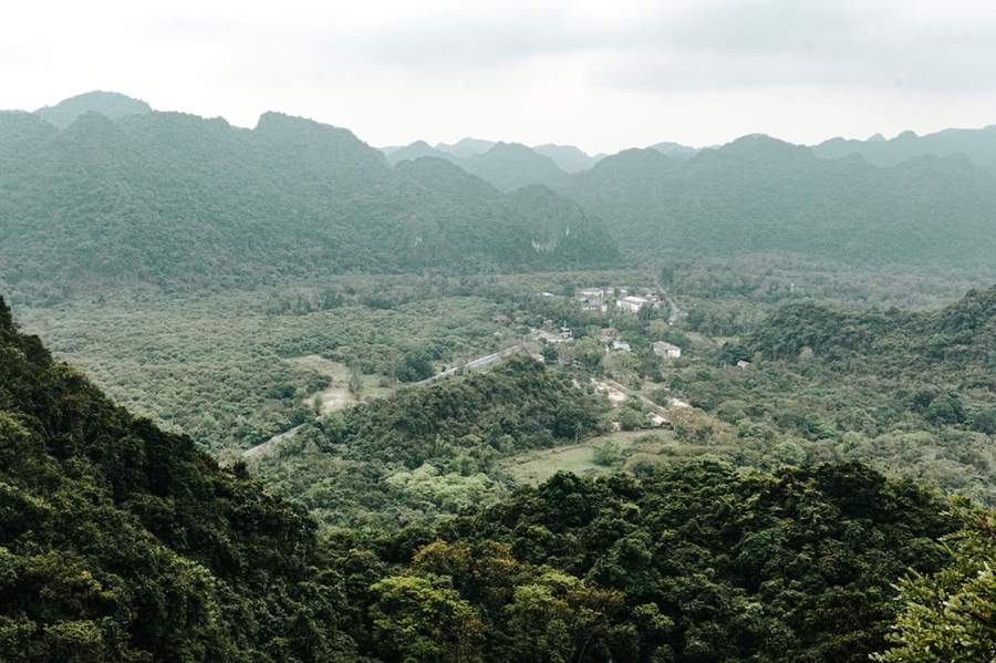 Lush forested hills of Pu Mat National Park in the Central Highlands of Vietnam