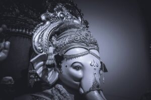 Ornate monochrome statue of the Hindu elephant god Ganesha